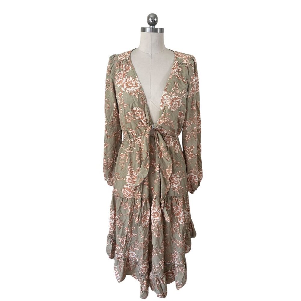 Kivari Dress Womens Medium Sage Green Floral Midi Tiered Lagenlook Boho Beach